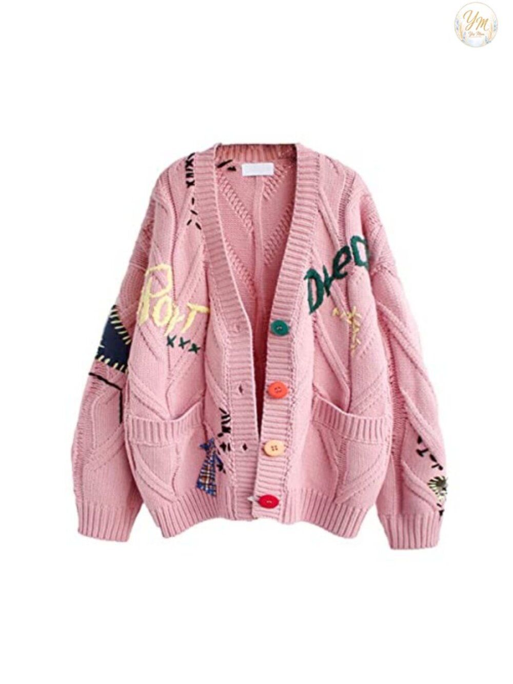 Women's Cable Knit Cardigan V Neck Button Down Long Sleeve Sweater Patchwork